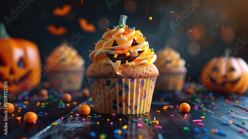 Cupcake on Halloween Pumpkin Jack o lantern Dessert on Halloween party Muffin decorated with colored sprinkles frosting and Icing shaped pumpkin Jack o lantern Cupcakes on dark background photo