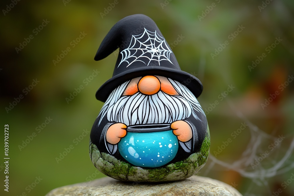 Naklejka premium Hand-painted rock with a cute gnome wearing a black wizard hat, set against a green background with a spider web. The gnome is holding a cauldron of bright blue liquid in its hand
