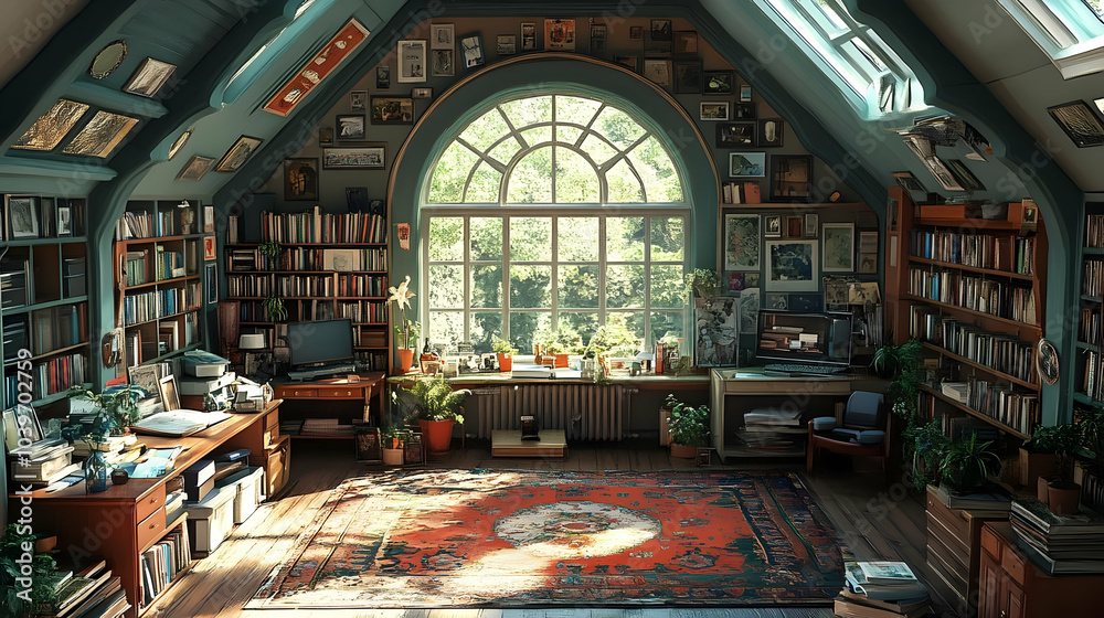 Cozy Attic Room with Bookshelves and Window Illustration Cozy Attic Room with Bookshelves and Window Illustration