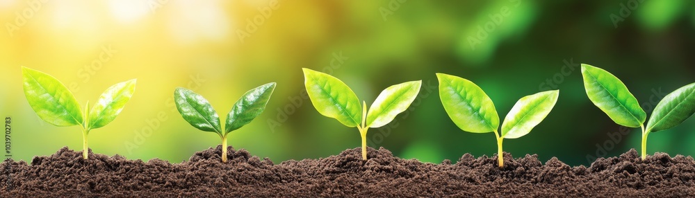 Fototapeta premium Flourishing new life, tiny green plants sprouting from fertile soil small