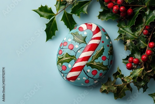 A painted rock with a candy cane and holly leaf design, simple and cute, with a light blue background and bright colors