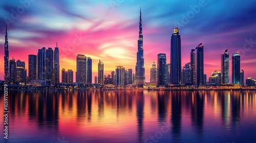 Vibrant Cityscape at Sunset with Reflection