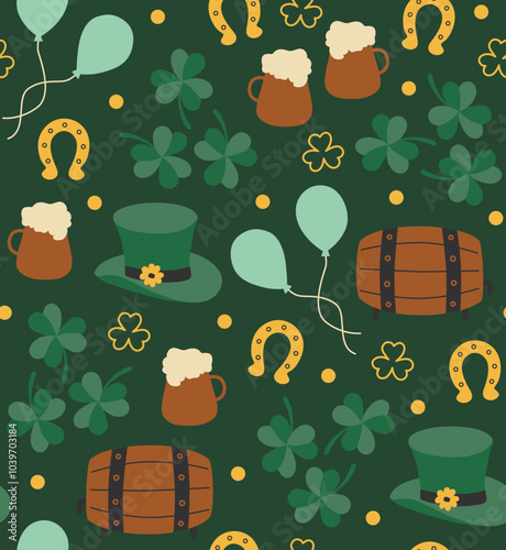 Retro St. Patrick's Day Party gold green Vector Pattern. Traditional Saint Patrick's four leaf clover, hat, horseshoe, bier party seamless pattern.