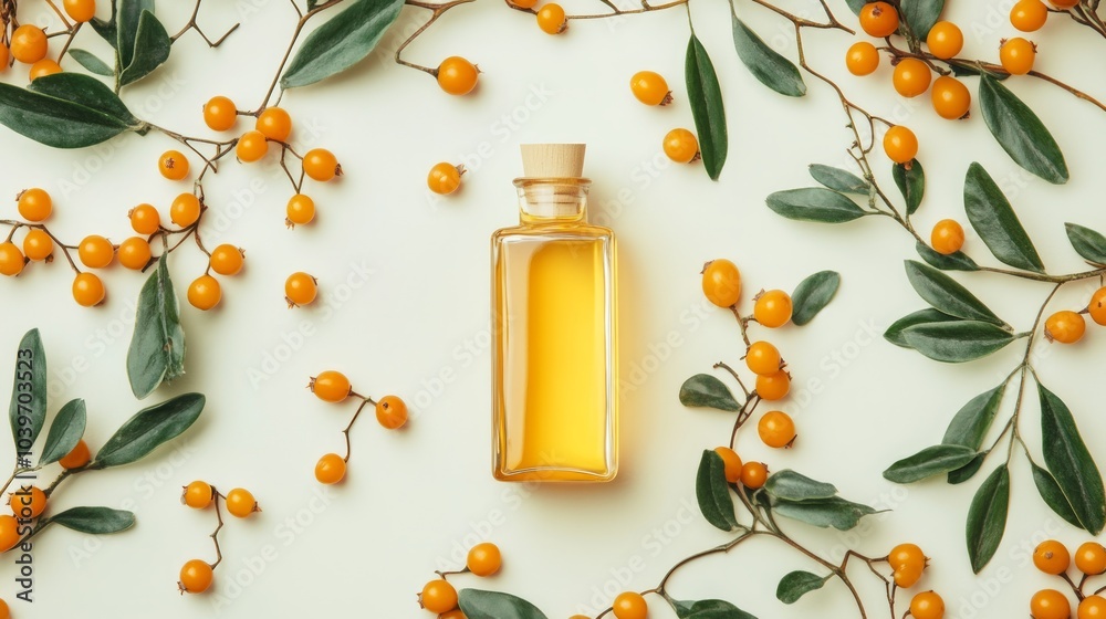 A bottle of essential oil sits in the center of a white background surrounded by sprigs of berries and leaves. A bottle of essential oil sits in the center of a white background surrounded by sprigs of berries and leaves.