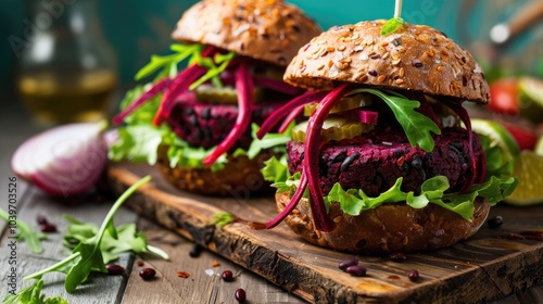 Beetroot and black bean plant based burger photo