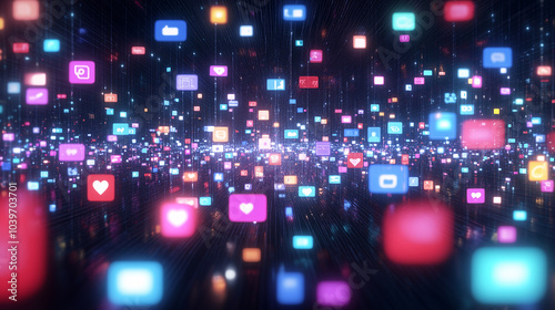 Digital icons representing social media apps and connectivity