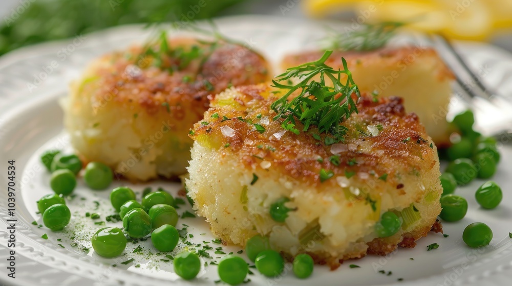 Traditional Swedish dish of fish cakes potato and peas Traditional Swedish dish of fish cakes potato and peas