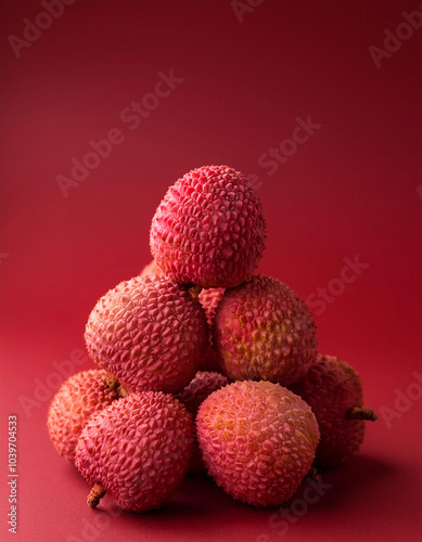  lychee isolated on soft red background