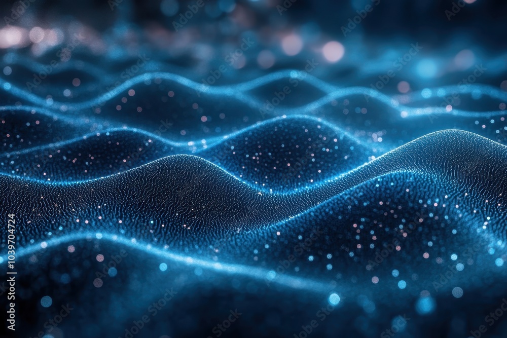Flowing blue waves with particles shining in a dark environment during a digital abstract display Flowing blue waves with particles shining in a dark environment during a digital abstract display