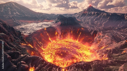 Volcano crater and hot lava fields photo