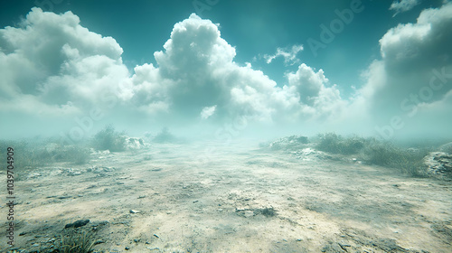 Foggy Landscape with Clouds in the Sky - 3D Render