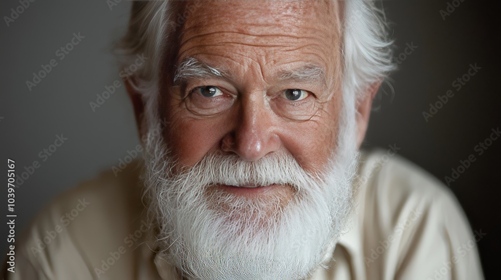 Senior Man Portrait Close Up White Hair and Beard Smiling Looking at Camera Senior Man Portrait Close Up White Hair and Beard Smiling Looking at Camera