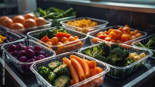 Close-up of healthy meal prep with vibrant fresh colors and copy space, featuring a double exposure silhouette with vegetables.