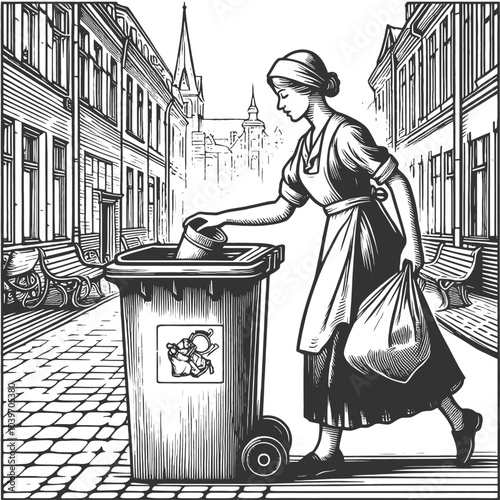 woman disposing of trash in a city alley, urban life and cleanliness sketch engraving generative ai fictional character vector illustration. Scratch board imitation. Black and white image.