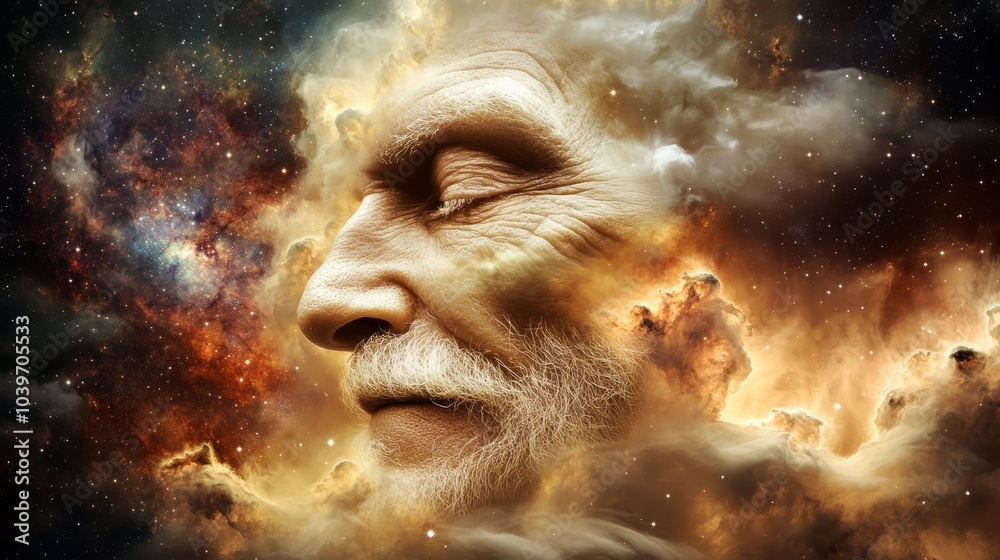 A face-on image of a person's visage superimposed against a backdrop of clouds and stars in the sky A face-on image of a person's visage superimposed against a backdrop of clouds and stars in the sky