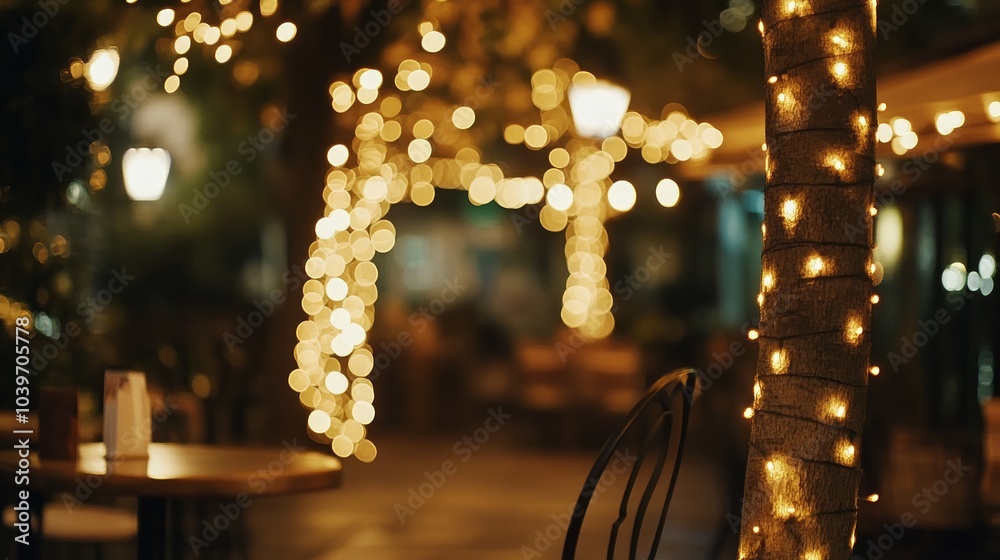 A cafe table with a chair in the foreground, decorated with warm string lights for an inviting atmosphere. A cafe table with a chair in the foreground, decorated with warm string lights for an inviting atmosphere.