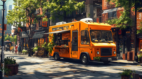 Orange Food Truck Illustration on City Street