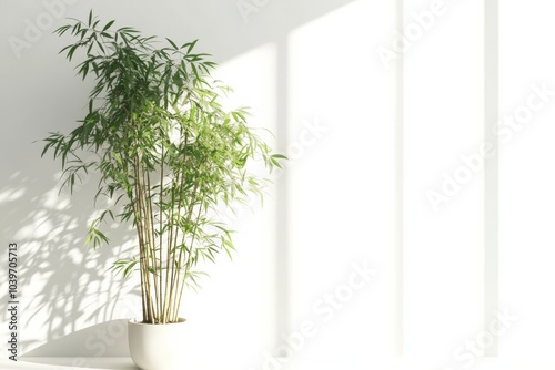 Indoor potted bamboo tree thriving under indirect sunlight on solid white background photo