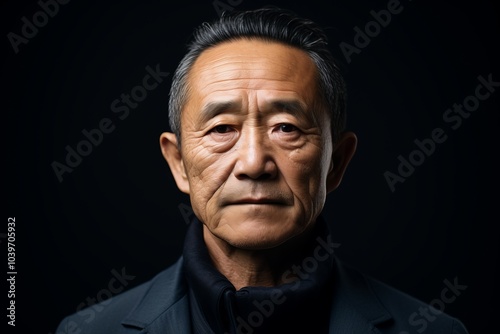 Portrait of an old Asian man in a suit on a black background