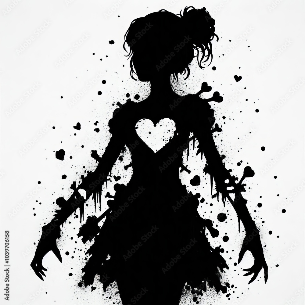 Haunting Silhouette of Girl with Heart Cutout and Splattered Paint Texture Haunting Silhouette of Girl with Heart Cutout and Splattered Paint Texture
