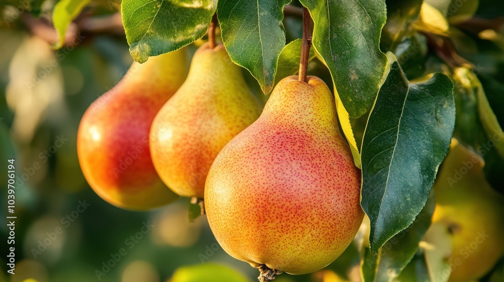 Lush orchard bursting with ripe pears ready for harvest under the golden afternoon sun Lush orchard bursting with ripe pears ready for harvest under the golden afternoon sun