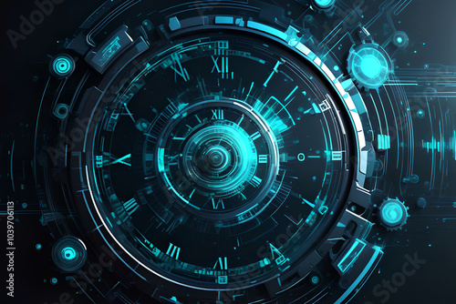 Futuristic technology background featuring time digital realms and numbers in a blue, networked design