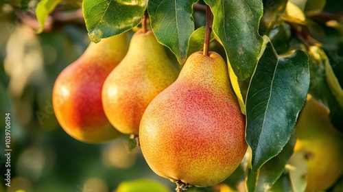 Lush orchard bursting with ripe pears ready for harvest under the golden afternoon sun