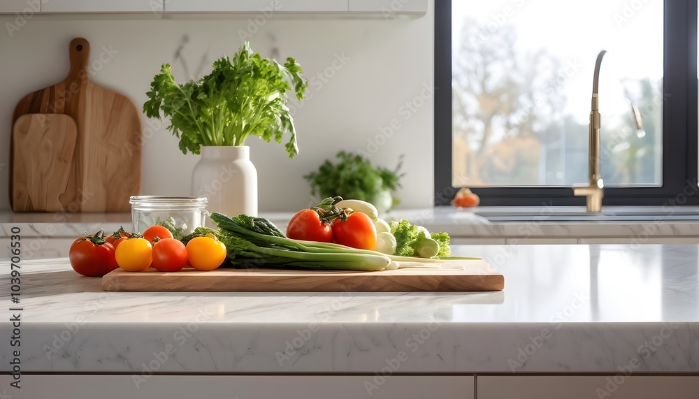 minimalist kitchen with sleek, white cabinetry and a marble countertop, featuring a single wooden cutting board with freshly cut vegetables minimalist kitchen with sleek, white cabinetry and a marble countertop, featuring a single wooden cutting board with freshly cut vegetables
