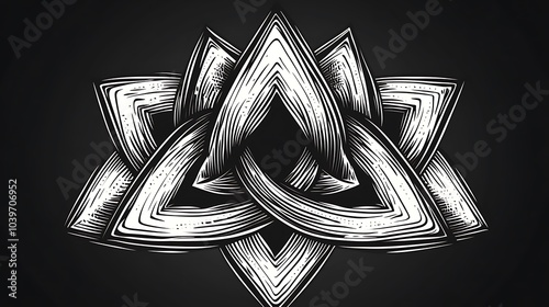 A black and white mandala with angular geometric patterns, sharp lines creating symmetrical triangular shapes against a dark background. The design is bold, minimalistic, and visually striking. photo