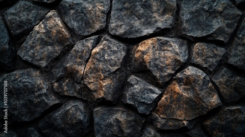 A close-up of a rustic stone wall with a textured surface, a natural background.
