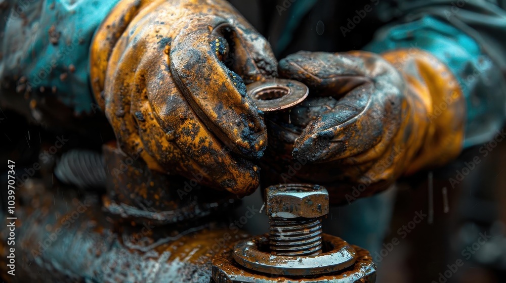 Close-up of worker's gloved hands fixing machinery with metal parts, highlighting industrial maintenance and repair work, white isolate background. Close-up of worker's gloved hands fixing machinery with metal parts, highlighting industrial maintenance and repair work, white isolate background.