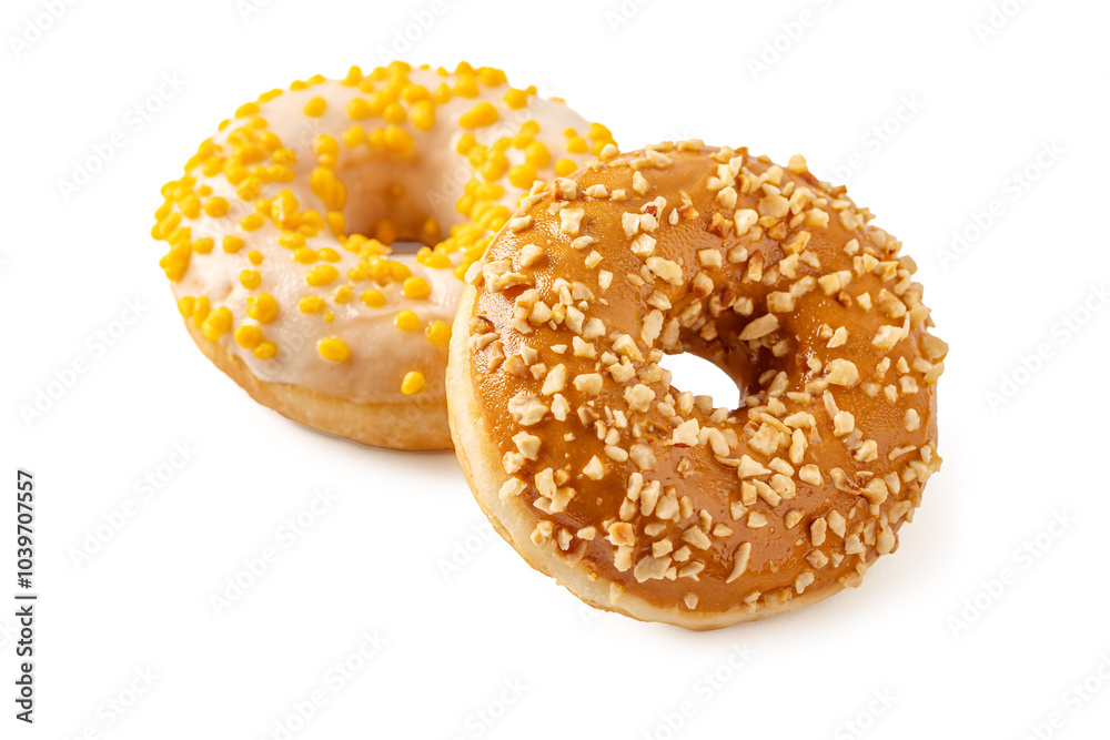 freshly baked assorted donuts isolated on white