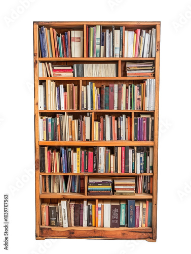 Isolated Tall Wooden Bookshelf Filled with an Assortment of Colorful Books Transparent Background