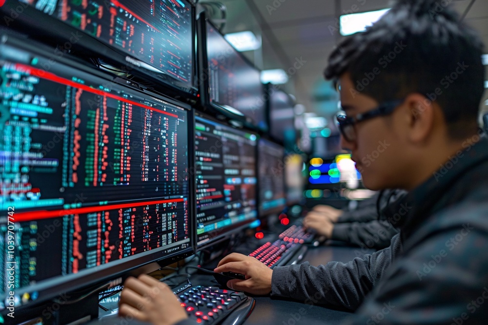 A focused cybersecurity analyst examines real-time data across several monitors. The environment is dimly lit, emphasizing the bright screens filled with code and analytics