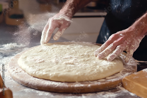 Close-up of pizzaiolo's hands stretching pizza dough on floured surface. Expert touch in traditional Italian pizza making art.