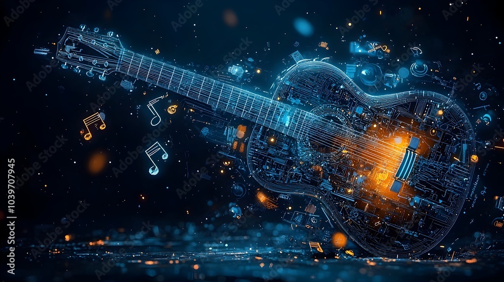 Fototapeta premium Captivating digital depicting a glowing mesh of musical notes and lines flowing gracefully from the strings of an illuminated abstract guitar shape creating a dynamic rhythmic