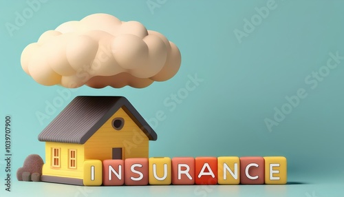 A small yellow house with a cloud overhead and colorful blocks spelling 