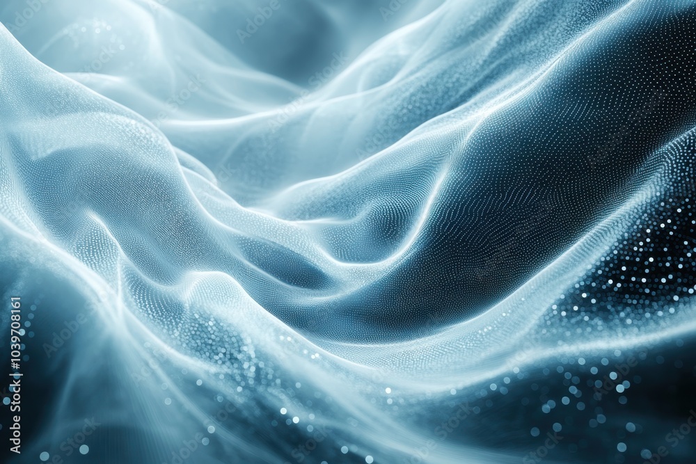 Ethereal blue fabric waves flowing gently under soft light in a tranquil atmosphere Ethereal blue fabric waves flowing gently under soft light in a tranquil atmosphere