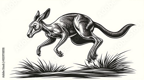 Delicate line art of a kangaroo jumping mid-air, minimalist design on a white background, using soft and simple strokes to highlight its dynamic movement and energy, hd quality, fluid lines, photo