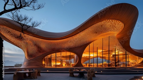 Captivating digital showcasing glowing mesh patterns that beautifully illuminate the roof of a serene mystical temple at dusk creating a mesmerizing futuristic atmosphere photo