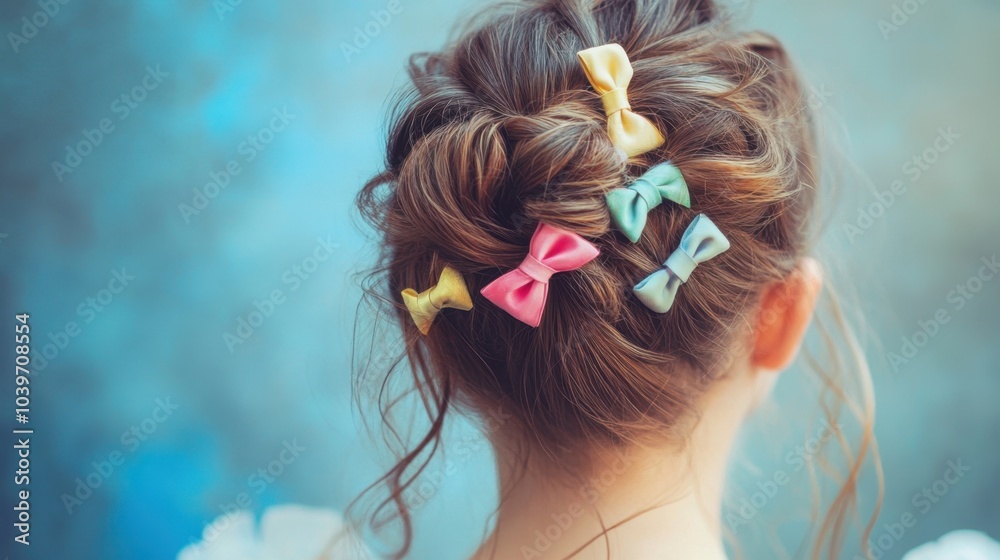 Naklejka premium Elegant updo with colorful bows in young girl's hair, capturing a playful and delicate beauty lifestyle, evoking concepts of girlhood and femininity