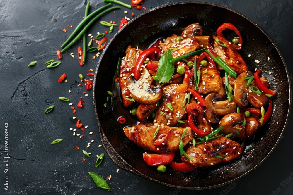 Turkey paprika mushroom stir fry on black stone table. Turkey paprika mushroom stir fry on black stone table.