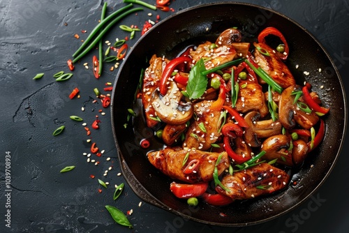 Turkey  paprika  mushroom stir fry on black stone table.