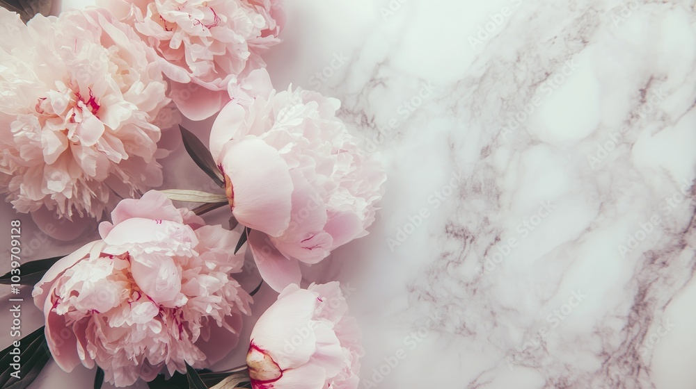 A cluster of soft pink peonies arranged on a white marble background, with space for text. A cluster of soft pink peonies arranged on a white marble background, with space for text.