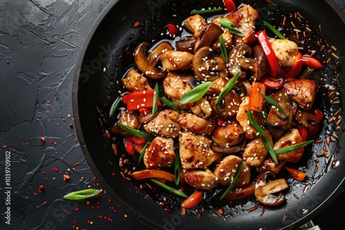 Turkey  paprika  mushroom stir fry on black stone table.