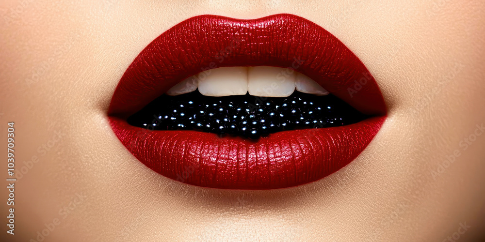 A woman's lips are painted red with glitter A woman's lips are painted red with glitter
