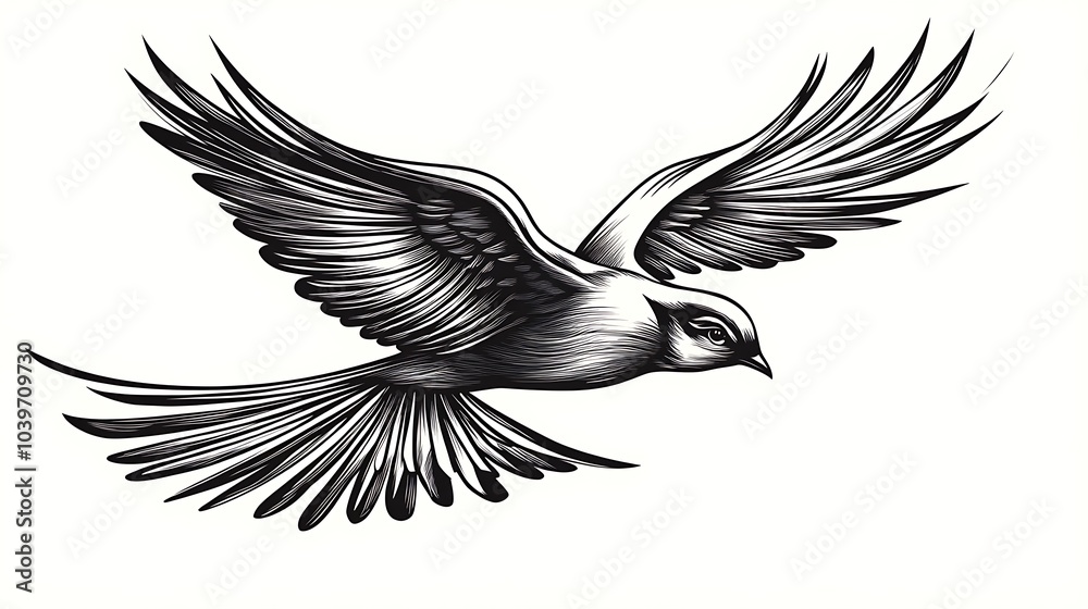 Obraz premium Delicate line art of a soaring bird with wide wings, minimalist design on a white background, using soft and simple strokes to highlight its grace and lightness, hd quality, fluid lines, natural feel.
