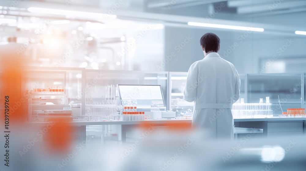 A modern lab scene shows a scientist in a crisp white coat analyzing biofuel samples. Multiple glass containers and advanced processing equipment are scattered across the workstation. The background A modern lab scene shows a scientist in a crisp white coat analyzing biofuel samples. Multiple glass containers and advanced processing equipment are scattered across the workstation. The background