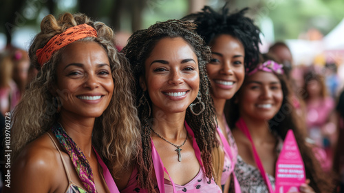 smiling woman and showing solidarity for Breast Cancer Awareness Month