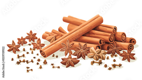 Cinnamon sticks star anise and other winter pumpkin spices Cooking exotic spice cinnamon for dessert food exact vector cartoon template
